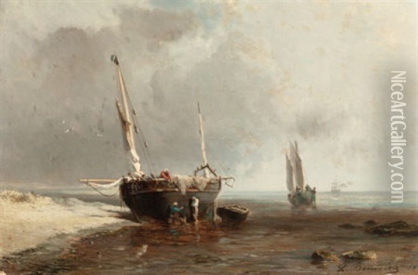 Fishing Boats On The Shore At Low Tide Oil Painting - Louis Bentabole