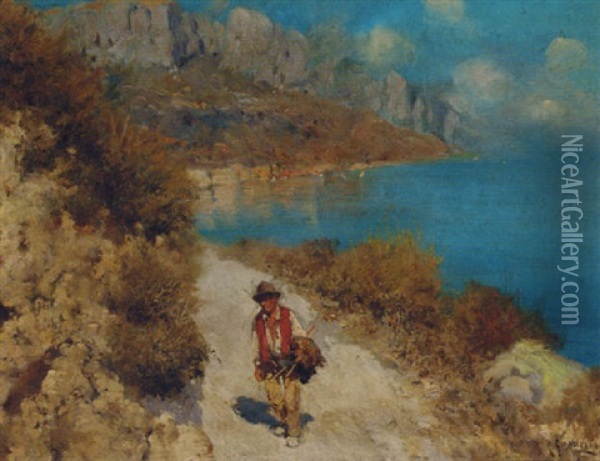 A Man On A Coastal Track With A Village Beyond Oil Painting - Carmine Giardiello
