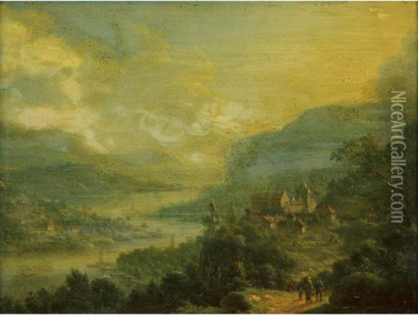 Travelers In An Extensive River Landscape With Castle Oil Painting - Johann Christian Vollerdt or Vollaert