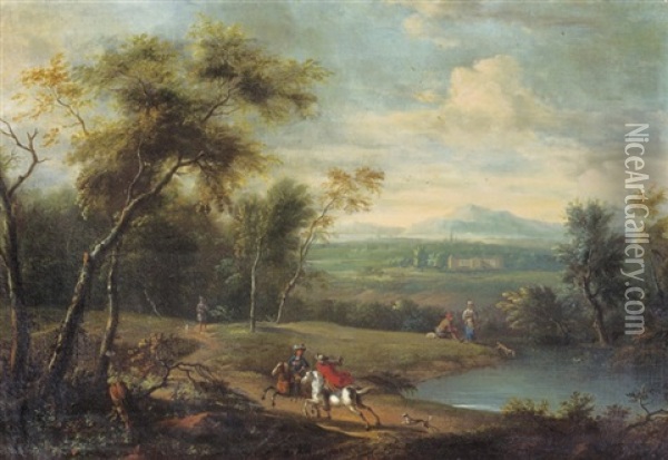 A Wooded River Landscape With Falconiers On Horseback Oil Painting - Frederick De Moucheron