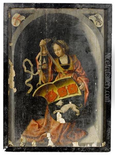 A Female Figure Holding An Heraldic Shield Oil Painting - Bernaert (Barend) van Orley