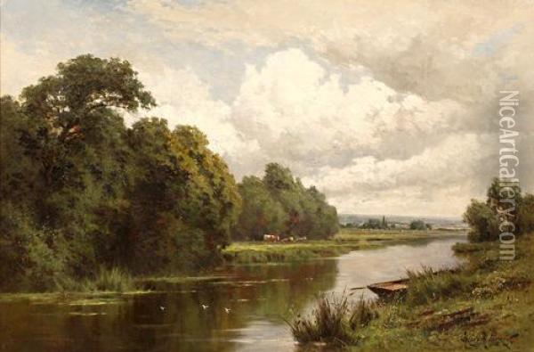 Cattle In A Meadow Beside The Thames Oil Painting - Henry Hillier Parker