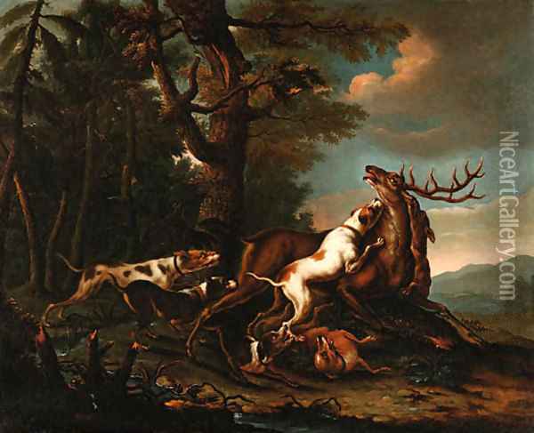 Hounds bringing down a Stag at the edge of a Forest Oil Painting - German School