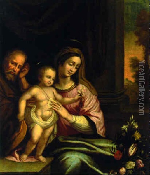 The Holy Family On A Terrace With A Vase Of Flowers Oil Painting - Lucca Longhi