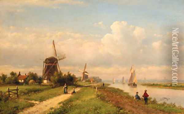 A panoramic summer landscape with fishermen along a canal Oil Painting - Lodewijk Johannes Kleijn
