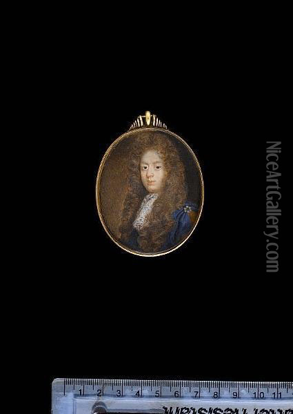 Patrick Lyon, 3rd Earl Of Strathmore And Kinghorne (1643-1695), Wearing Blue Cloak Pinned At His Left Shoulder With Six Pearl Brooch, Ochre-coloured Doublet, White Lace Jabot And Full-bottomed Natural Wig. Oil Painting - Charles Beale