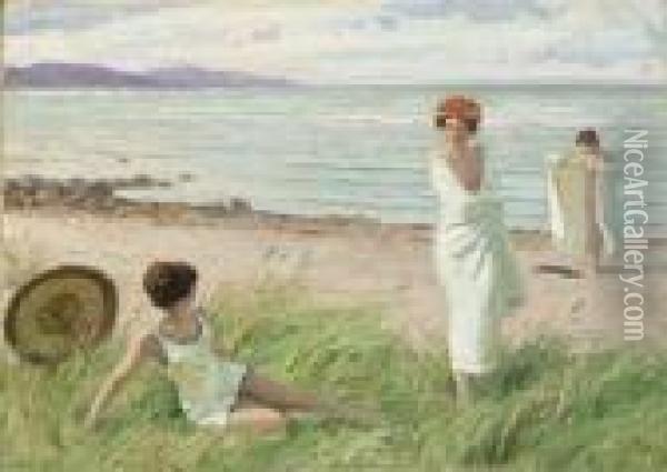 Female Bathers On A Beach Oil Painting - Paul-Gustave Fischer