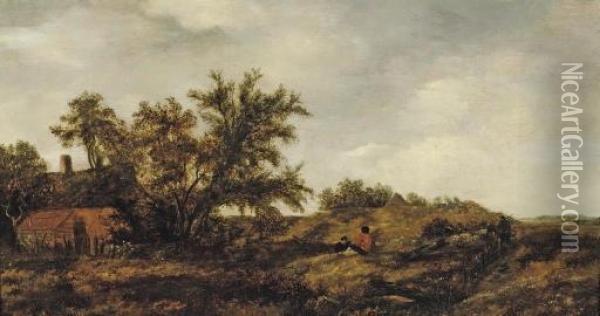 An Extensive Dune Landscape With Figures Resting, A Cottage Nearby Oil Painting - Pieter Jansz. van Asch