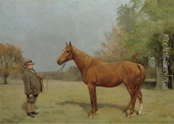 A Chestnut Hunter And Groom, In An Extensive Landscape Oil Painting - James Lynwood Palmer