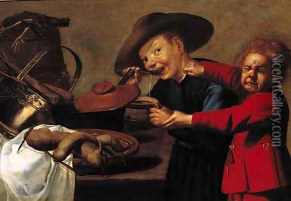 Boys quarrelling over a bowl of soup in a kitchen Oil Painting - Petrus Staverenus