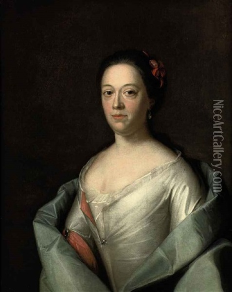 Portrait Of A Lady In A White And Red Dress And A Blue Wrap Oil Painting - Bernardus I Accama