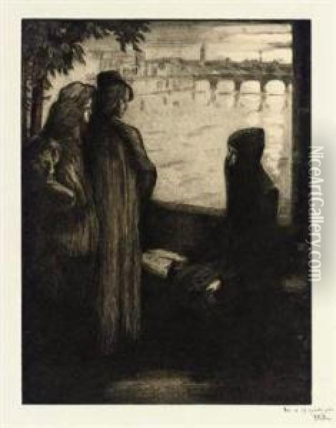 Le Dante Et Deux Jeunes Femmes Oil Painting - Alfredo Muller