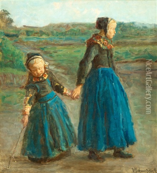 Two Girls Oil Painting - Viggo Johansen