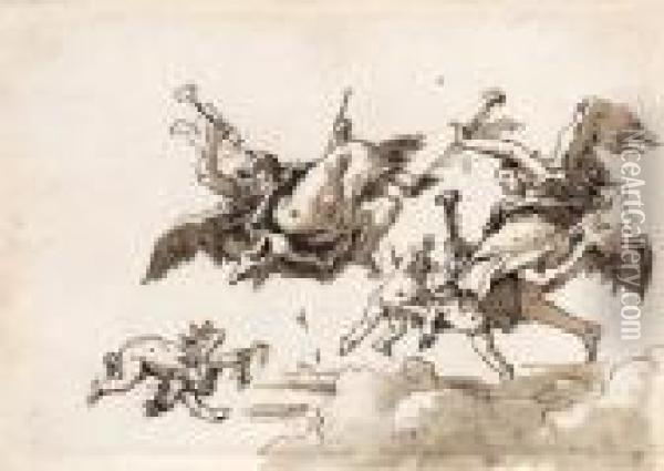Angels In Flight Blowing Trumpets
Signed 'dom. Tiepolo' Oil Painting - Giovanni Domenico Tiepolo