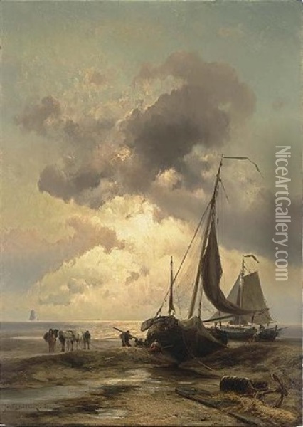 Fishing Boats At Dusk On Katwijk Beach Oil Painting - Johannes Hermanus Barend Koekkoek