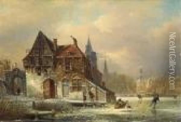 Winteransicht Und Kirche Zu Haarlem Oil Painting - Elias Pieter van Bommel