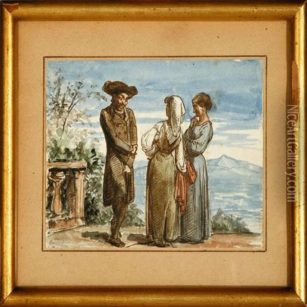 A Clerical And Two Italian Women Having A Conversation Oil Painting - Wilhelm Marstrand
