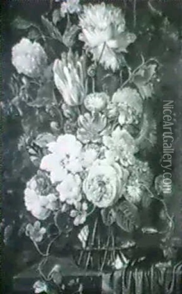 Still Life Of Mixed Flowers In A Vase Upon A Ledge Oil Painting - Jan Davidsz De Heem
