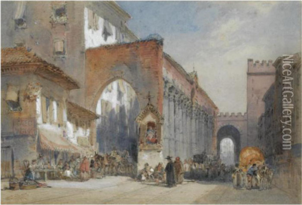 View Of The Roman Columns, San Lozenzo, Milan Oil Painting - William Callow