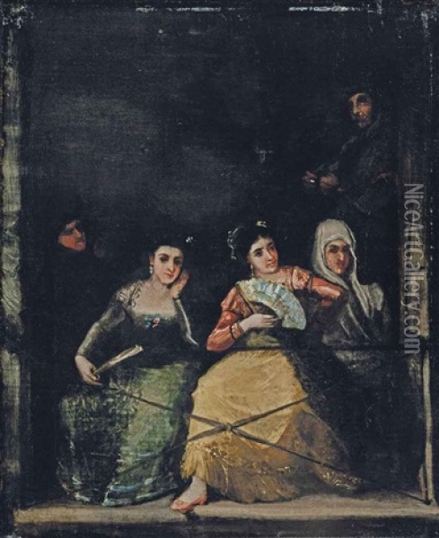 Three Majas On A Balcony Oil Painting - Francisco Goya