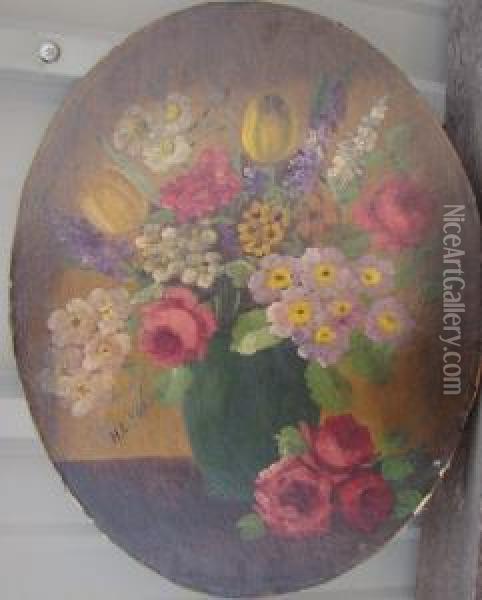 Floral Still Life In A Green Vase Oil Painting - Henry L. Sanger