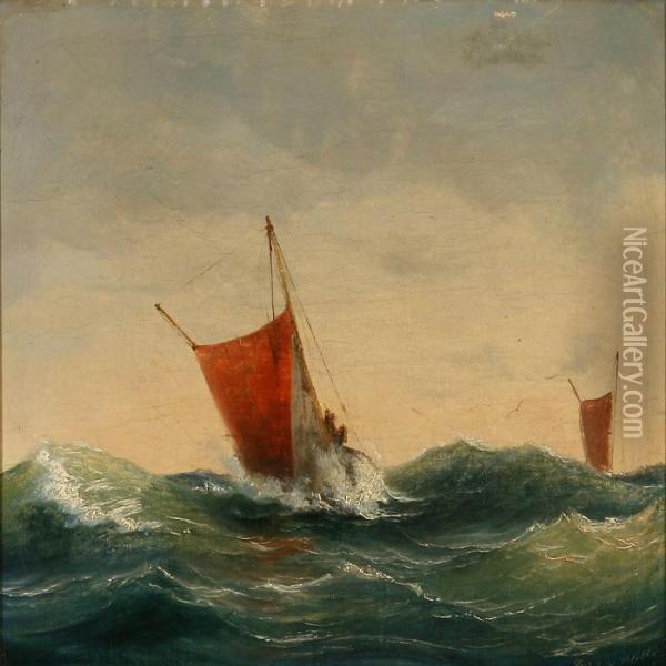 Seascape With Sailing Boats In High Waves Oil Painting - Vilhelm Melbye