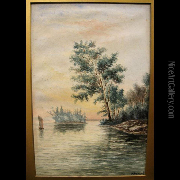 Boat By Island; Woodland Creek Study Oil Painting - George Robert Bruenech