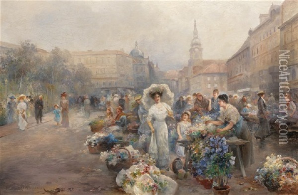 Flower Market In Vienna (rochusmarkt?) Oil Painting - Emil Barbarini