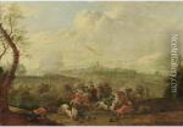 A Cavalry Battle Scene With A Village Beyond Oil Painting - Karel Van Breydel (Le Chevalier)