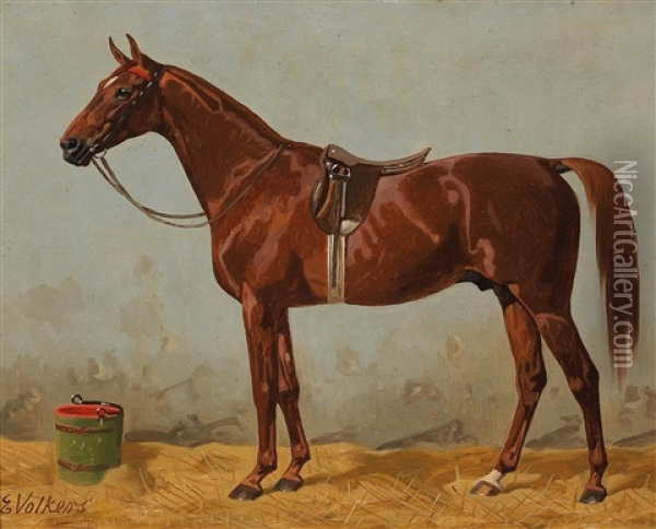 Saddled Chestnut In The Stable Oil Painting - Emil Volkers