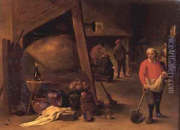 A peasant leaning on a spade beside a cluster of pots and and pans in an inn beyond three figures gathered round a fire place Oil Painting - Matheus van Helmont