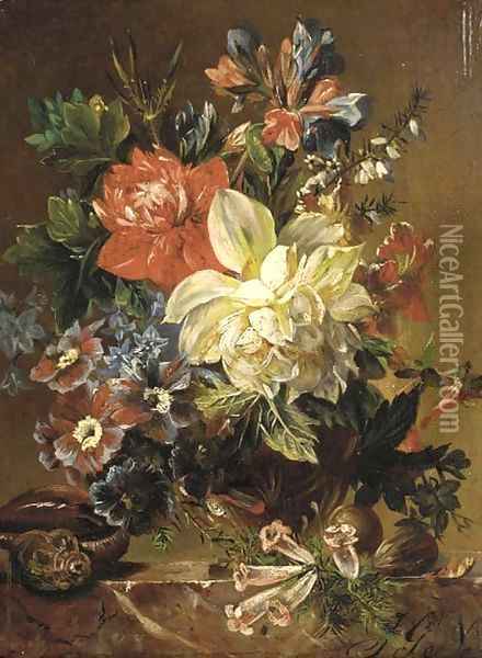 Flowers in a vase, a snail and a nut on a stone ledge Oil Painting - Joseph Nigg