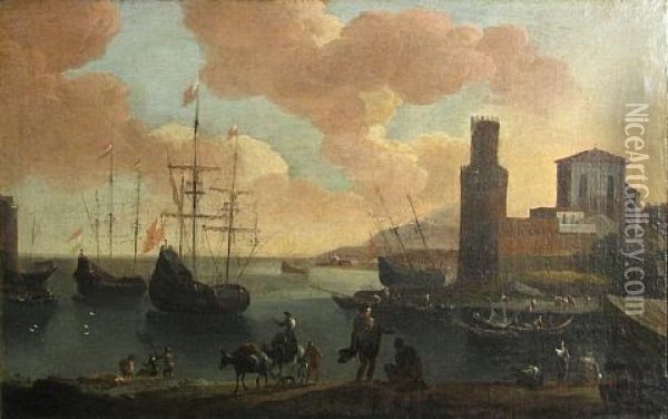 A Busy Harbour Scene With Figures In The Foreground Oil Painting - Adriaen Van Der Cabel