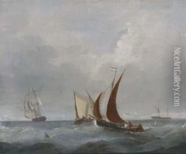 A Frigate Leaving Port; And Barges And Other Shipping In Thechannel Off Dover Oil Painting - Frederick Calvert