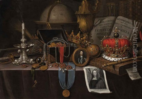 A Vanitas With A Medallion Of Henri Iv Of France, A Candlestick, Globe And Other Objects, On A Draped Table Oil Painting - Edward Collier