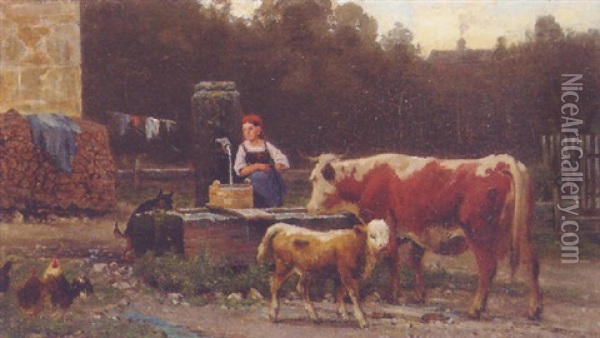 Animals In A Farmyard With A Young Girl Collecting Water Oil Painting - Wilhelm Schmitt