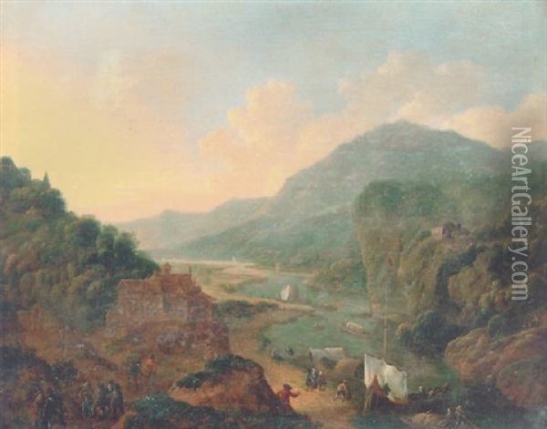 Figures And Boats In A Rocky River Valley Oil Painting - Jan Griffier the Elder