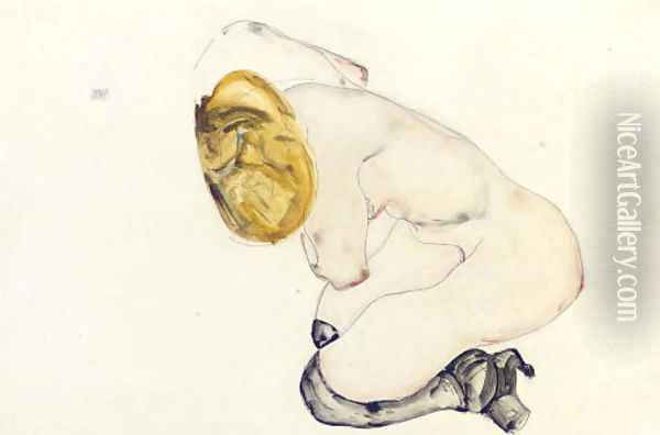 Angstlich Kauerndes Junges Madchen Oil Painting - Egon Schiele