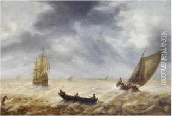 Fishermen In A Rowboat And Other Sailing Vessels In A Choppy Sea, A City In The Distance Oil Painting - Hendrik van Anthonissen