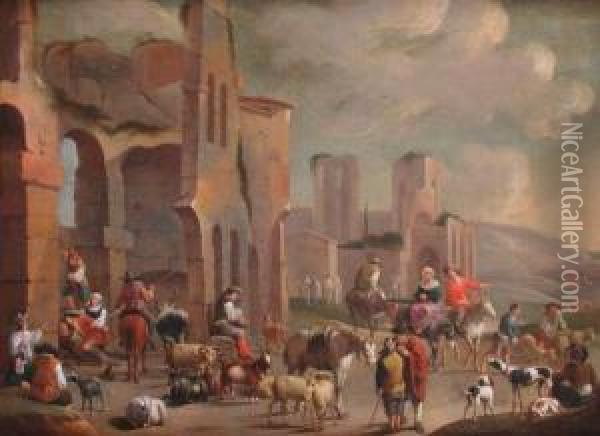 Paesaggio Con Rovine, Pastori, Armenti E Viandanti. Oil Painting - Pieter Van Bredael