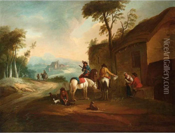 An Italianate Landscape With Horsemen Resting Near An Inn Oil Painting - Pieter Wouwermans or Wouwerman