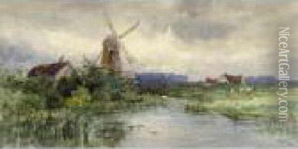 Windmill With Cows Grazing By A Stream; 1893 Oil Painting - Frederic Marlett Bell-Smith