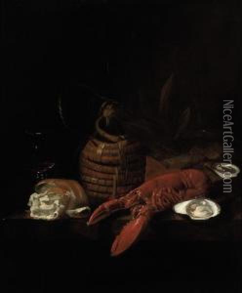 A Lobster, Oysters, A Bread Roll, A Wine Glass And A Glass Jug On Aledge Oil Painting - Jakob Bogdani Eperjes C