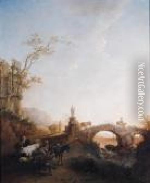 Drivers Returning From Market On A Track By A Bridge, In Anitalianate Landscape Oil Painting - Nicolaes Berchem