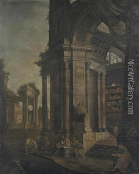 Veduta Fantastica Con Antica Biblioteca E Filosofi Oil Painting - Pietro Paltronieri Il Mirandolese