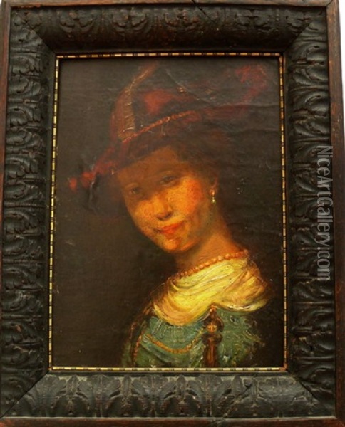 Portrait Der Saskia Van Uylenburgh Mit Hut Und Perlohrring Oil Painting -  Rembrandt van Rijn
