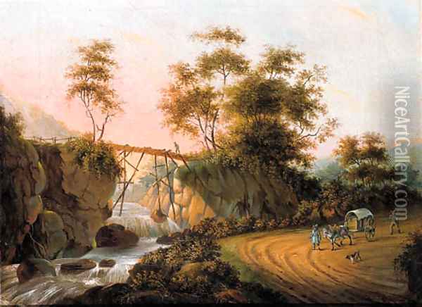Peasants returning from a market on a road by a waterfall in an Italianate landscape Oil Painting - Joseph Augustus Knip
