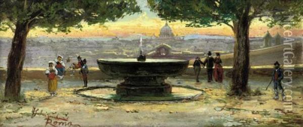 The Fountain At The Villa Borghese, Rome Oil Painting - Federico Schianchi
