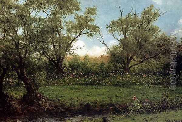 Asters In A Field Aka Brookside Oil Painting - Martin Johnson Heade