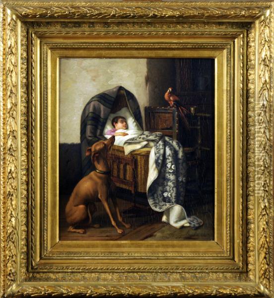 Chien Et Perroquet Gardant Le Landau Oil Painting - Joseph Gyselinckx